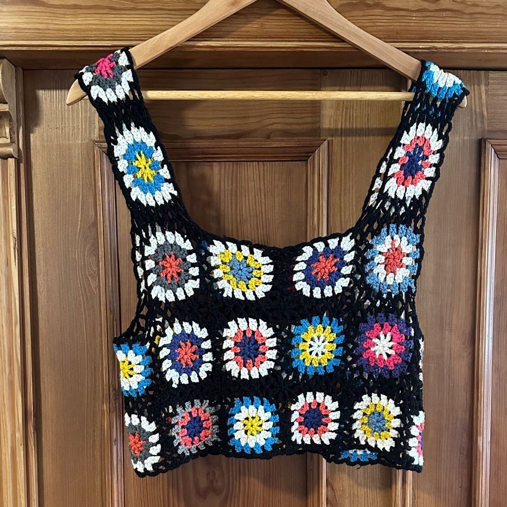 Colorful Crochet Patterned Women's Top grandma square